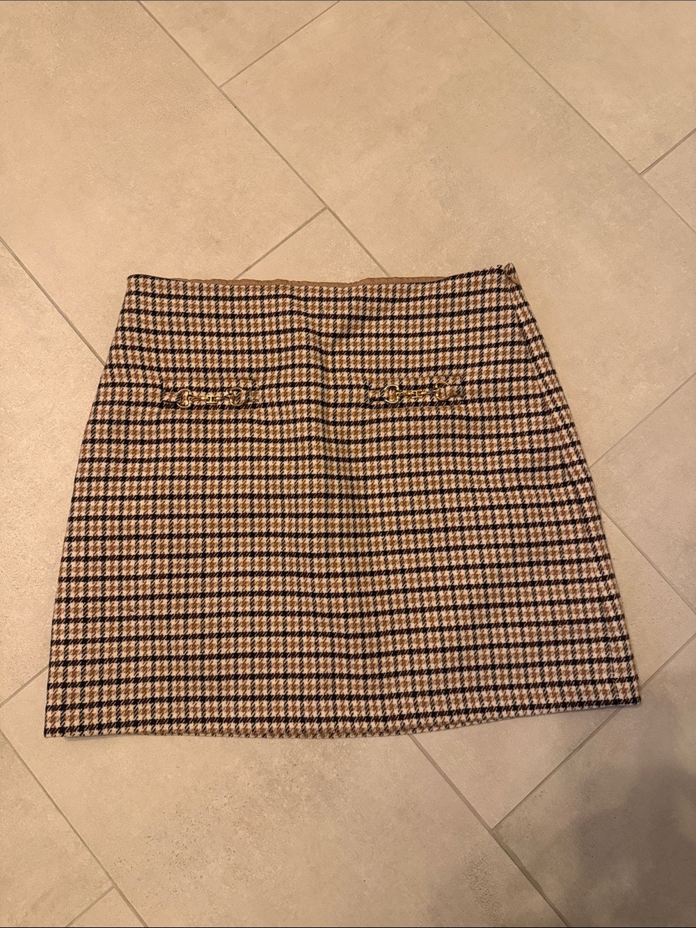 LOFT Tan and Black Houndstooth Mini Skirt